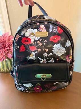 Big Buddha Black Floral  Backpack with Red & White Blossoms- GUC